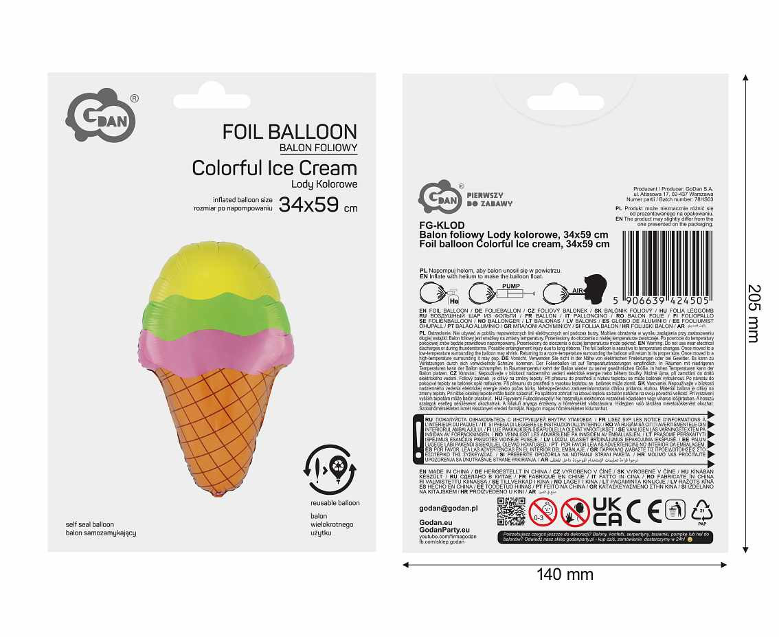 Foil balloon Colorful Ice cream, 34x59 cm